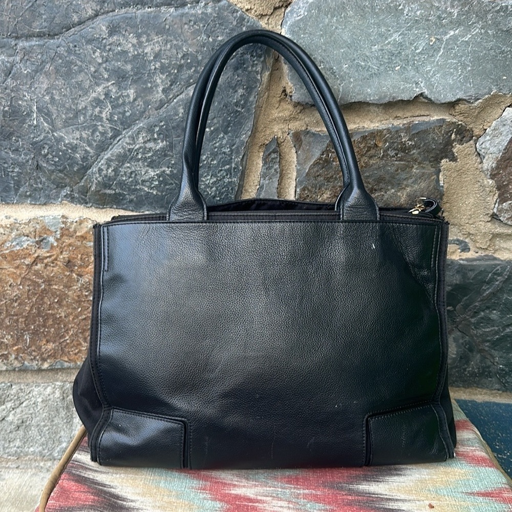 Tory Burch Ella Canvas Black Leather Tote Large Laptop Work Bag - Picture 4 of 9